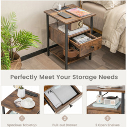 Costway Single Drawer 2 Shelf Brown Nightstand with Charging Station - Wilko - thumbnail 5