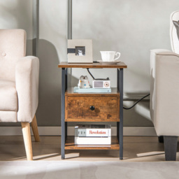 Costway Single Drawer 2 Shelf Brown Nightstand with Charging Station - Wilko - thumbnail 4