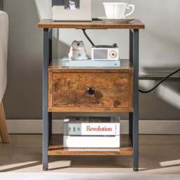 Costway Single Drawer 2 Shelf Brown Nightstand with Charging Station - Wilko
