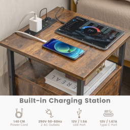 Costway Single Drawer 2 Shelf Brown Nightstand with Charging Station - Wilko - thumbnail 6