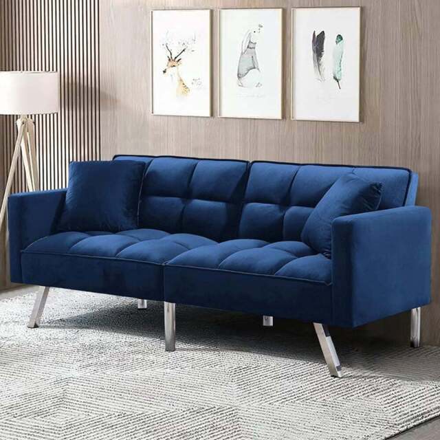 Portland 2 Seater Blue Velvet Sofa Bed with Pillows - Wilko - image 1