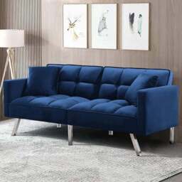 Portland 2 Seater Blue Velvet Sofa Bed with Pillows - Wilko - thumbnail 1