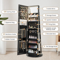 Costway Black Rotatable Mirrored Jewellery Armoire with LED Lights - Size: 166.5 x 44 x 21.5cm - Wilko - thumbnail 5