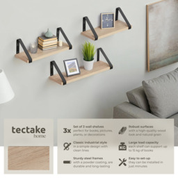tectake Oak Wall Shelf with Decorative Metal Bracket Set of 3 - Size: 12 x 12 x 40cm - Brown - Wilko - thumbnail 7