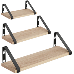 tectake Oak Wall Shelf with Decorative Metal Bracket Set of 3 - Size: 12 x 12 x 40cm - Brown - Wilko