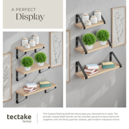 tectake Oak Wall Shelf with Decorative Metal Bracket Set of 3 - Size: 12 x 12 x 40cm - Brown - Wilko - thumbnail 5