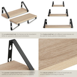 tectake Oak Wall Shelf with Decorative Metal Bracket Set of 3 - Size: 12 x 12 x 40cm - Brown - Wilko - thumbnail 6