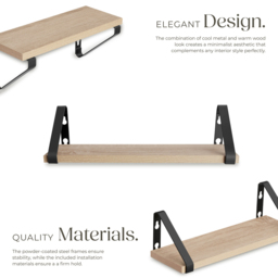 tectake Oak Wall Shelf with Decorative Metal Bracket Set of 3 - Size: 12 x 12 x 40cm - Brown - Wilko - thumbnail 4