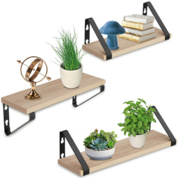tectake Oak Wall Shelf with Decorative Metal Bracket Set of 3 - Size: 12 x 12 x 40cm - Brown - Wilko - thumbnail 3