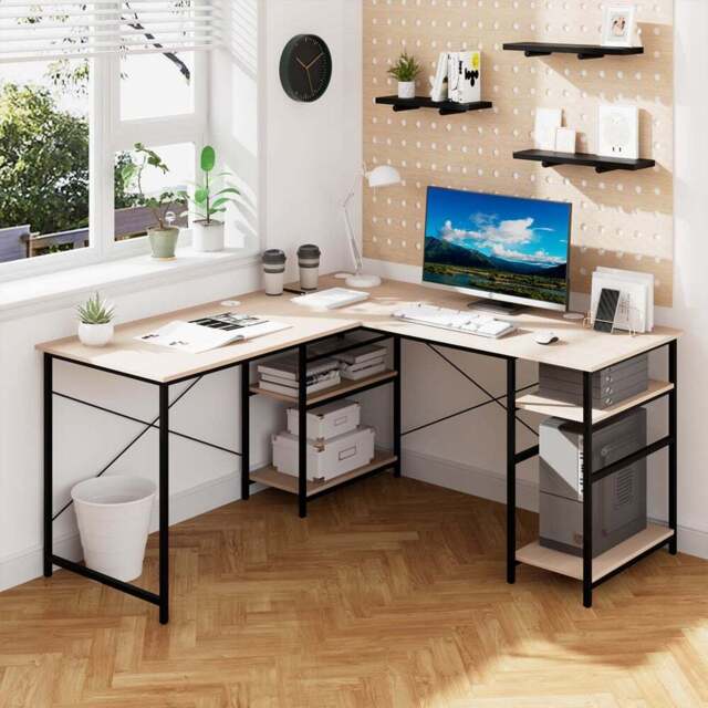 Costway 4 Shelf Natural L-Shaped Wooden Industrial Desk - Size: 151 x 151 x 75cm - n/a - Wilko