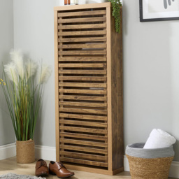 Home Source Luna 3 Flip Down Door Oak Slatted Shoe Cabinet - Size: 138.5 x 46.5 x 16.5cm - Brown - Wilko