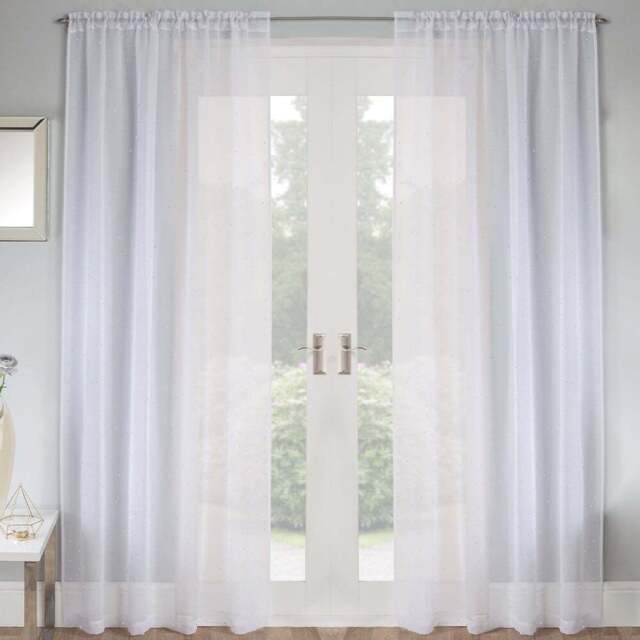 Tyrone Textiles Jewel White Diamante Embellished Rod Pocket Voile Panel Curtains 140 x 122cm - Size: W 140 x D 122cm - Wilko - image 1