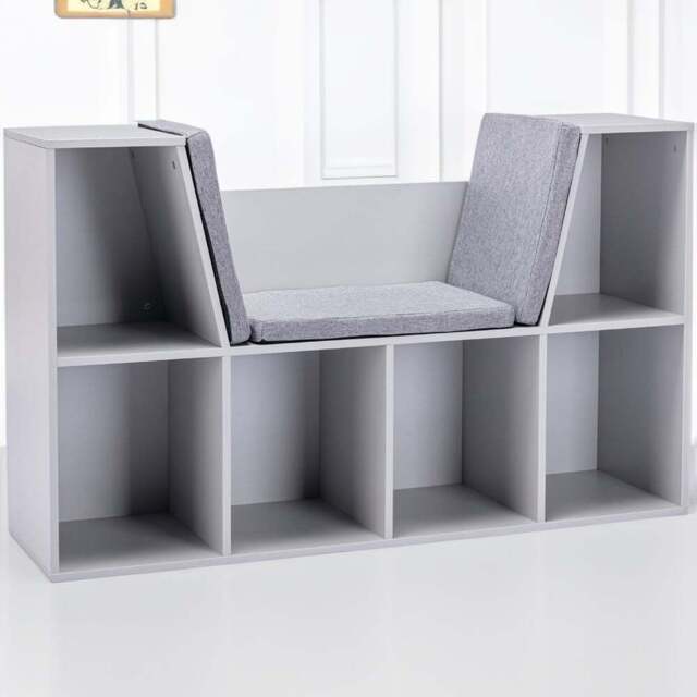 Portland 6 Shelf Grey Kids Bookcase with Cushioned Reading Seat - Wilko - image 1
