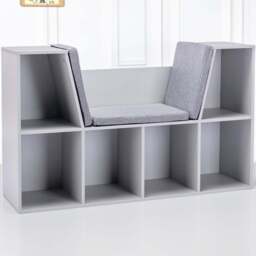 Portland 6 Shelf Grey Kids Bookcase with Cushioned Reading Seat - Wilko