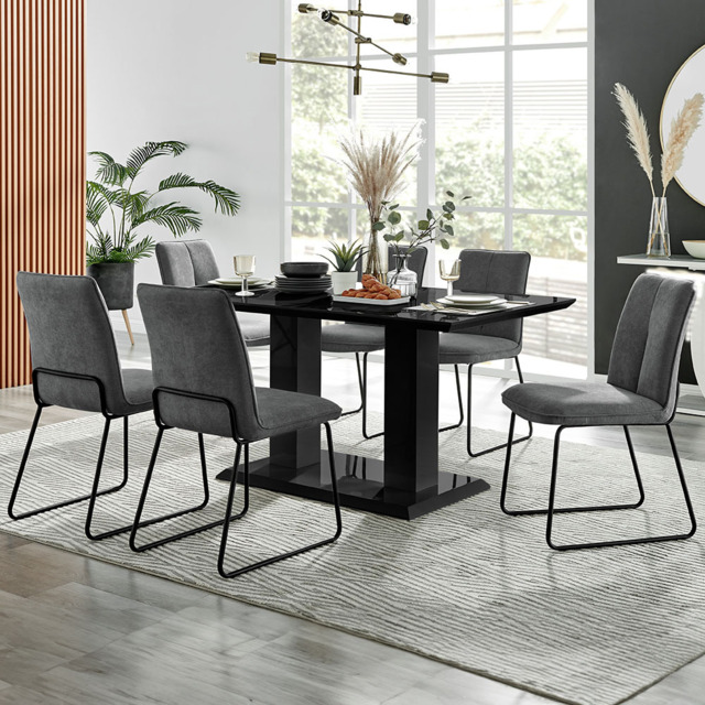 Furniturebox Molini Harley 6 Seater Dining Set Black Gloss and Dark Grey - Wilko - image 1