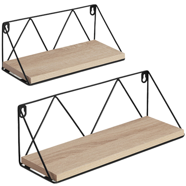 tectake Oak Wall Shelf with Decorative Metal Bracket Set of 2 - Size: 14.5 x 13 x 41cm - Brown - Wilko - image 1