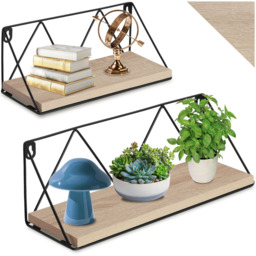 tectake Oak Wall Shelf with Decorative Metal Bracket Set of 2 - Size: 14.5 x 13 x 41cm - Brown - Wilko - thumbnail 3