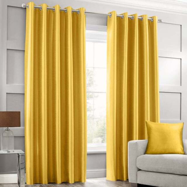 Intimates Faux Silk Ochre Ring Top Curtains 168X229cm - Size: W 168 x D 229cm - Yellow - Wilko - image 1