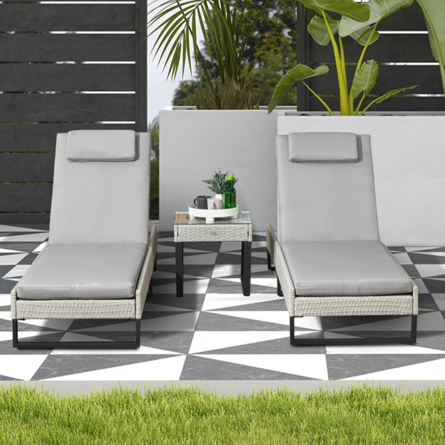 Outsunny Set of 2 Grey Cushion Reclining Rattan Sun Lounger with Table - Size: 86 x 63 x 196cm - Wilko - image 1