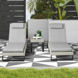 Outsunny Set of 2 Grey Cushion Reclining Rattan Sun Lounger with Table - Size: 86 x 63 x 196cm - Wilko - thumbnail 1