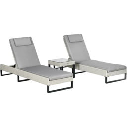 Outsunny Set of 2 Grey Cushion Reclining Rattan Sun Lounger with Table - Size: 86 x 63 x 196cm - Wilko - thumbnail 3