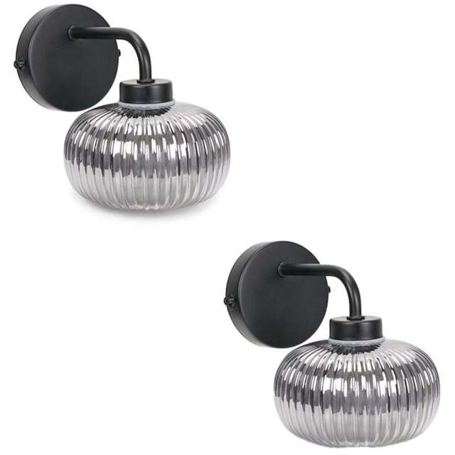 ValueLights Amaia Matt Black Smoked Ribbed Glass LED Wall Light 2 Pack - Wilko - image 1