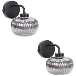 ValueLights Amaia Matt Black Smoked Ribbed Glass LED Wall Light 2 Pack - Wilko - thumbnail 1