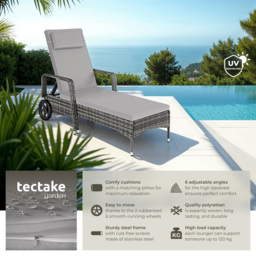 tectake Black and Beige 6 Level Adjustable Sun Lounger with Soft Pillow and Wheels - Size: 33 x 70 x 200cm - Grey - Wilko - thumbnail 3