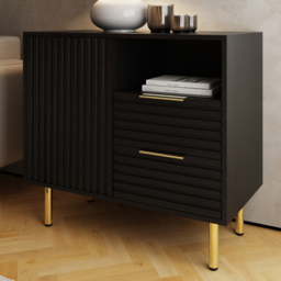 GFW Nervata Single Door 2 Drawer Single Shelf Black and Gold Ribbed Compact Sideboard - Size: 72 x 78 x 39cm - Wilko