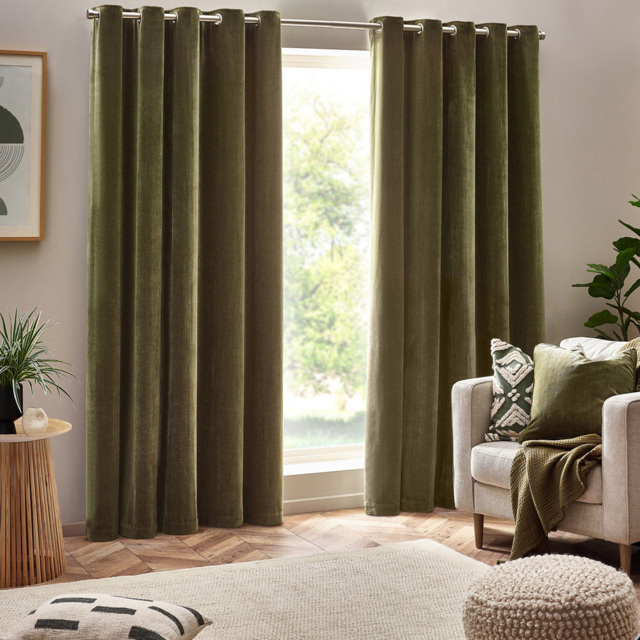 Yard Olive Heavy Chenille Velvet Eyelet Curtain 168 x 137cm - Size: W 137 x D 168cm - Green - Yard Living - Wilko - image 1