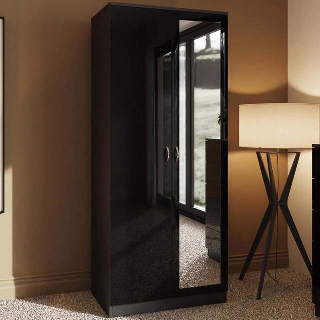 FWStyle Chilton 2 Door Black Gloss Mirrored Wardrobe - Wilko - image 1