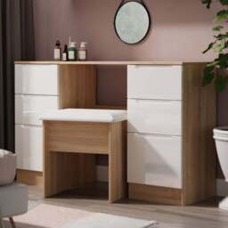 Crowndale Milan 6 Drawer White Gloss and Bardolino Oak Kneehole Desk Ready Assembled - Size: 80 x 125 x 39cm - White Gloss & Bardolino Oak - Wilko