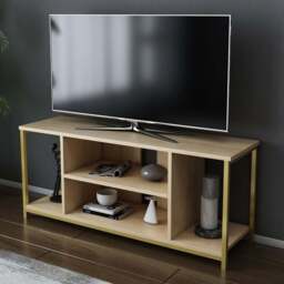 Decorotika Rinaldo 4 Open Shelf Gold and Oak Wide TV Unit - Size: 51 x 120 x 35cm - Multi - Wilko
