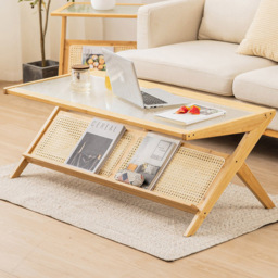 Costway Natural Bamboo Coffee Table - Size: 132 x 58 x 13cm - Cream - Wilko