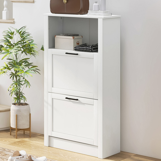 HOMCOM 2 Flip Down Drawer Single Drawer White Narrow Shoe Cabinet - Size: 105 x 24 x 58cm - Wilko - image 1