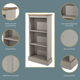 Corona 3 Shelf Grey Wax Finish Low Narrow Bookcase - Wilko - thumbnail 6