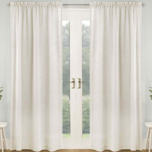 Tyrone Textiles Tahiti Cream Linen Look Pom Pom Trim Rod Pocket Voile Panel Curtains 140 x 137cm - Size: W 140 x D 137cm - Wilko - image 1