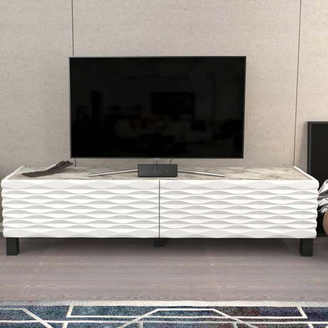 Decorotika Lerze 2 Door White Marble and White TV Unit - Size: 40.3 x 150 x 35cm - Wilko - image 1