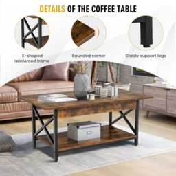 Costway Single Shelf Rustic Brown Industrial Style Coffee Table - Size: 124 x 72 x 11cm - Wilko - thumbnail 6