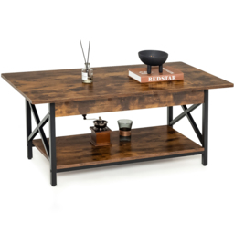 Costway Single Shelf Rustic Brown Industrial Style Coffee Table - Size: 124 x 72 x 11cm - Wilko - thumbnail 3