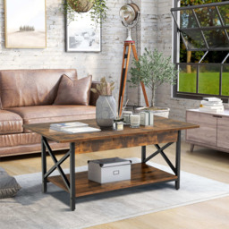 Costway Single Shelf Rustic Brown Industrial Style Coffee Table - Size: 124 x 72 x 11cm - Wilko - thumbnail 4
