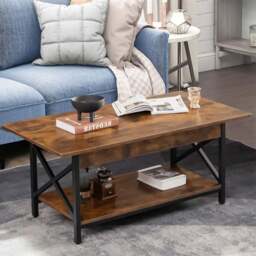 Costway Single Shelf Rustic Brown Industrial Style Coffee Table - Size: 124 x 72 x 11cm - Wilko