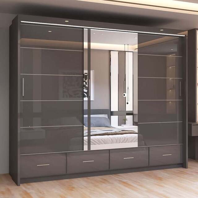 Sliding Wardrobes 4U 2 Sliding Door Grey Modern High Gloss Central Mirrored Wardrobe 255cm - Size: 2 Door - Wilko - image 1