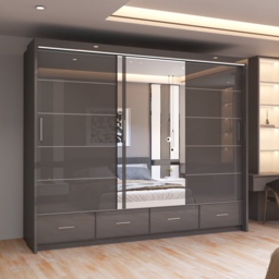 Sliding Wardrobes 4U 2 Sliding Door Grey Modern High Gloss Central Mirrored Wardrobe 255cm - Size: 2 Door - Wilko - thumbnail 4