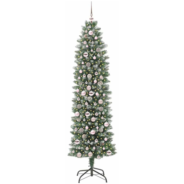 vidaXL Pre-Lit Warm White LED and Pink Baubles Green Slim Artificial Christmas Tree 6.8ft - Wilko - image 1