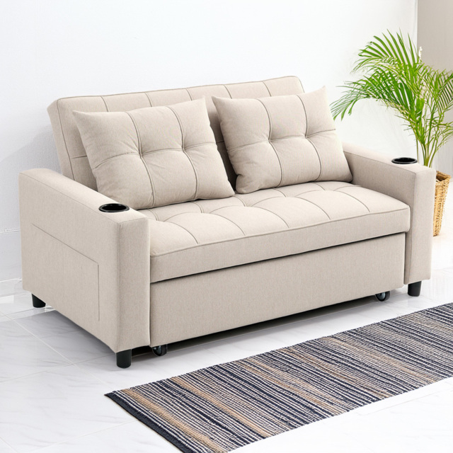 HOMCOM 2 Seater Beige Pull Out Sofa Bed with Pockets - Silver - Wilko - image 1