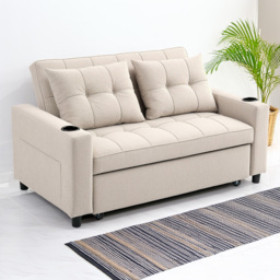 HOMCOM 2 Seater Beige Pull Out Sofa Bed with Pockets - Silver - Wilko - thumbnail 1