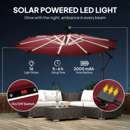 Outsunny Wine Red 16 Solar LED Rotatable Cantilever Parasol with Protective Cover 3m - Wilko - thumbnail 5