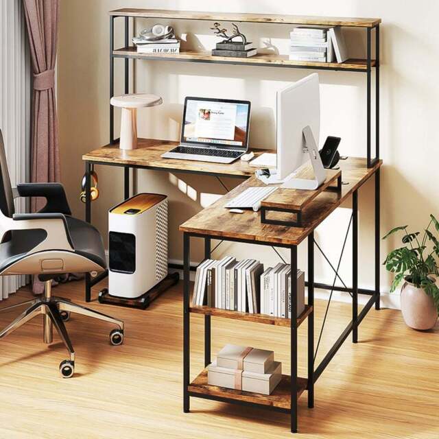 Costway L Shaped Computer Desk with LED Strip and Power Outlets Brown - Size: 145 x 145 x 147cm - Wilko