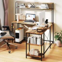 Costway L Shaped Computer Desk with LED Strip and Power Outlets Brown - Size: 145 x 145 x 147cm - Wilko - thumbnail 1